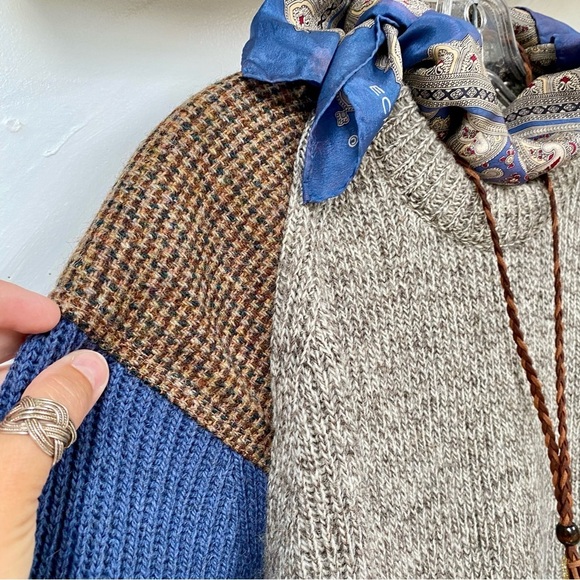 Woven in Scotland patchwork boho tweed wool sweater w equestrian farmhouse vibe - Picture 8 of 14